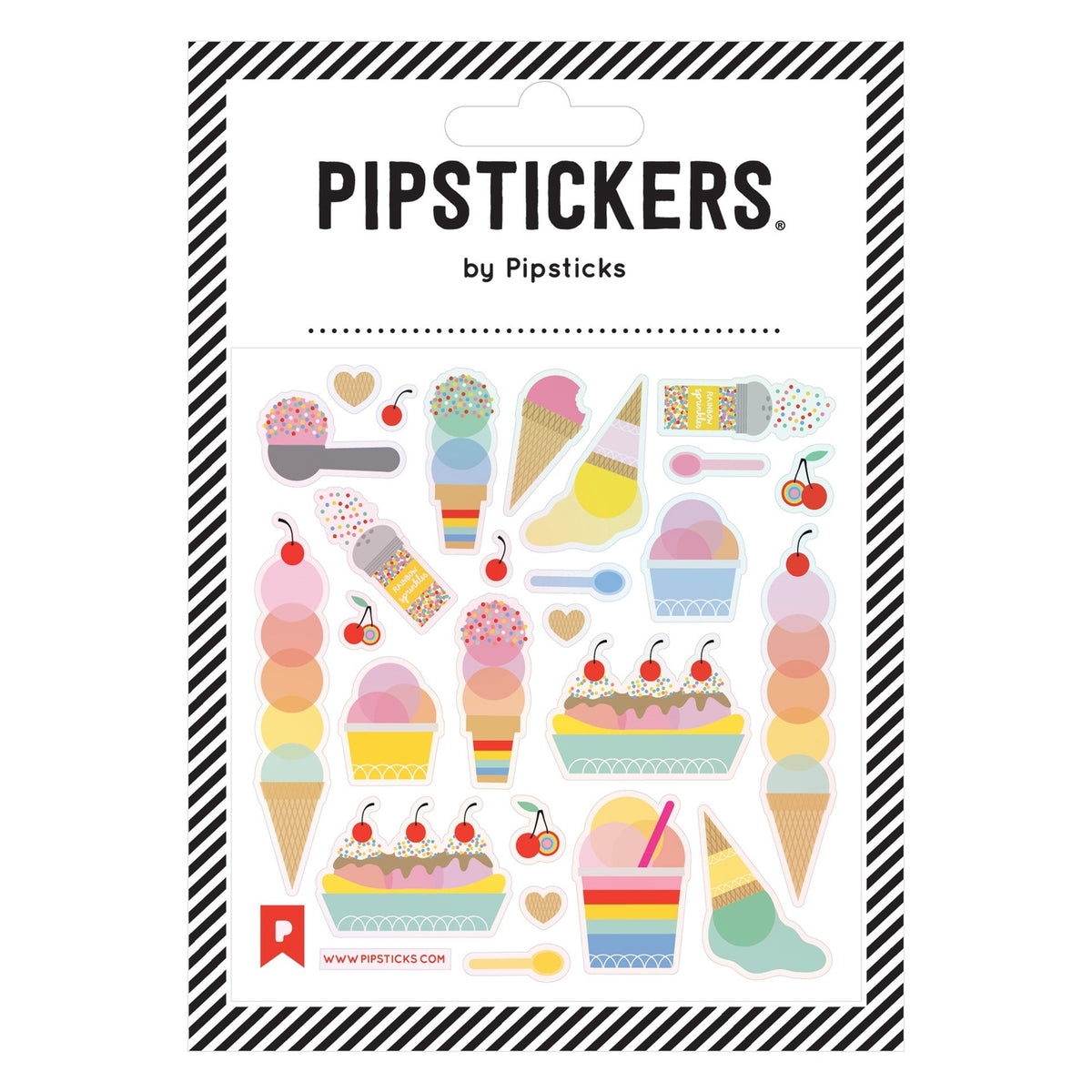A package of PipStickers featuring various colorful sticker designs including ice cream cones and sundae treats on a clear backing with a black and white striped border.