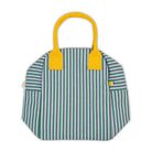 Green and white striped bag with yellow handles on a white background