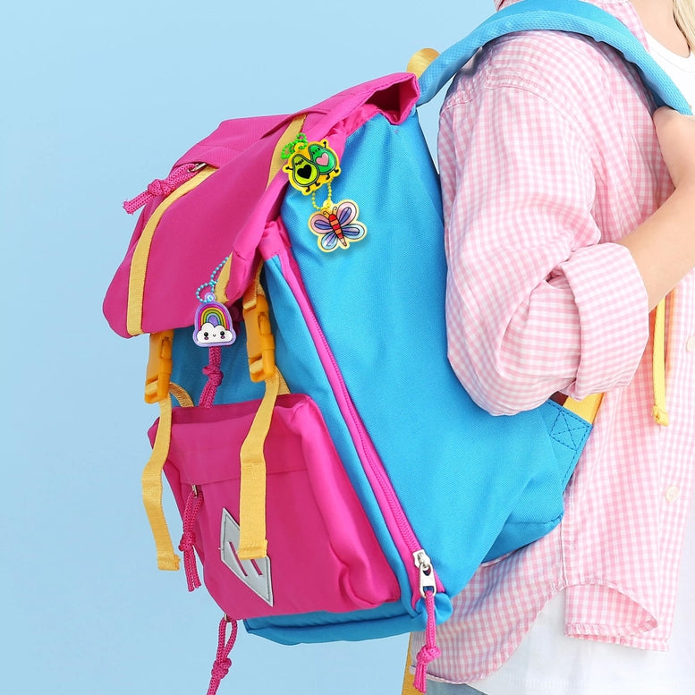 Colorful backpack with decorative elements on a blue background