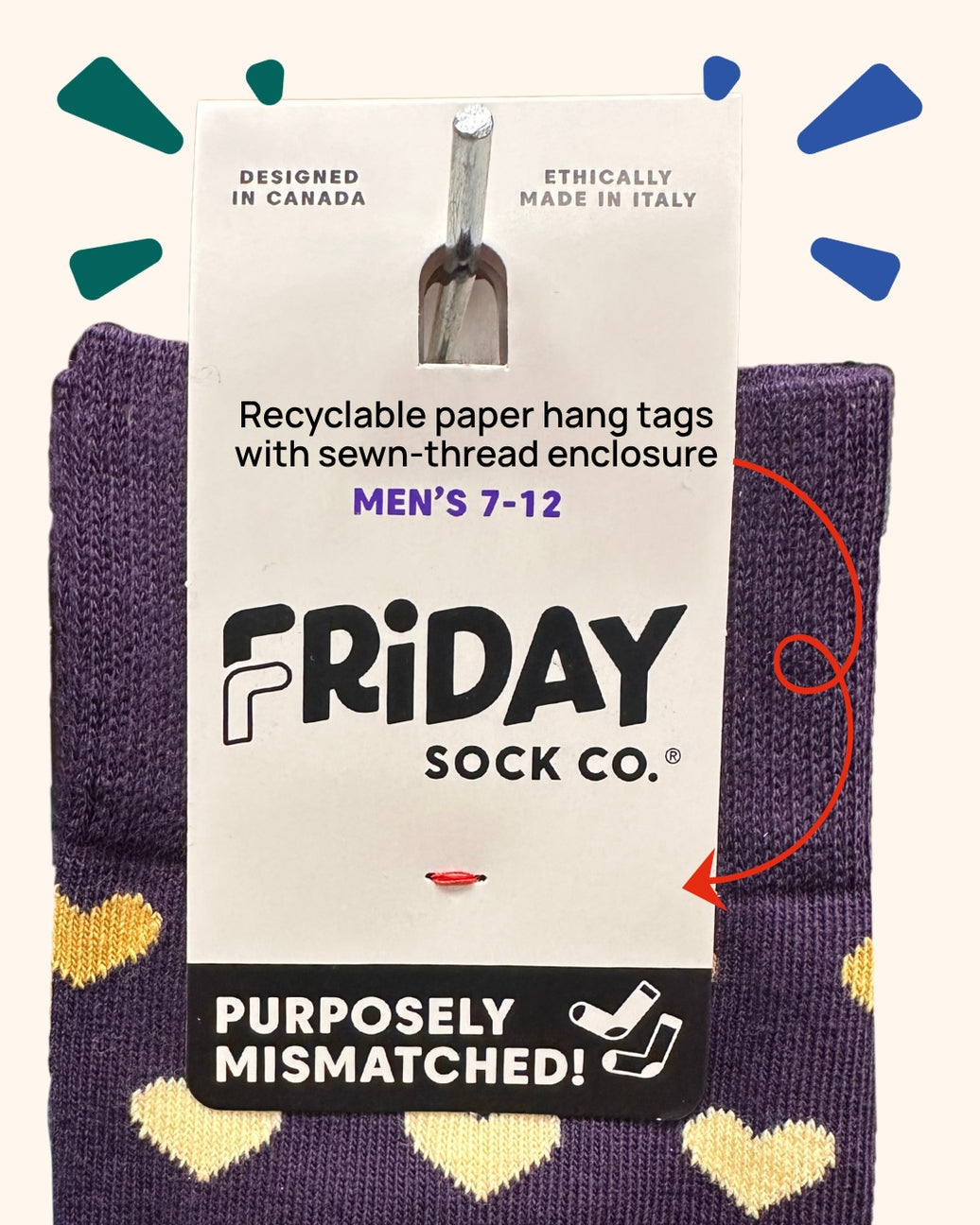 Purple socks with yellow heart patterns and a 'Friday Sock Co.' label on a white background