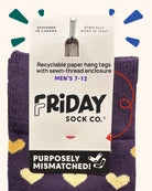 Purple socks with yellow heart patterns and a 'Friday Sock Co.' label on a white background