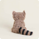 A Raccoon Junior plush toy by Warmies, featuring fuzzy brown fur, pointed ears, and a striped tail, shown from behind in a sitting position.