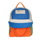 Colorful backpack with blue, orange, and green sections on a white background