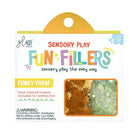 Holo Pals Sensory Play Fun Fillers 'Funky Farm' packaging, featuring a yellow hanging tab, white box with colorful text, and a clear window showing gold and green glitter inside.