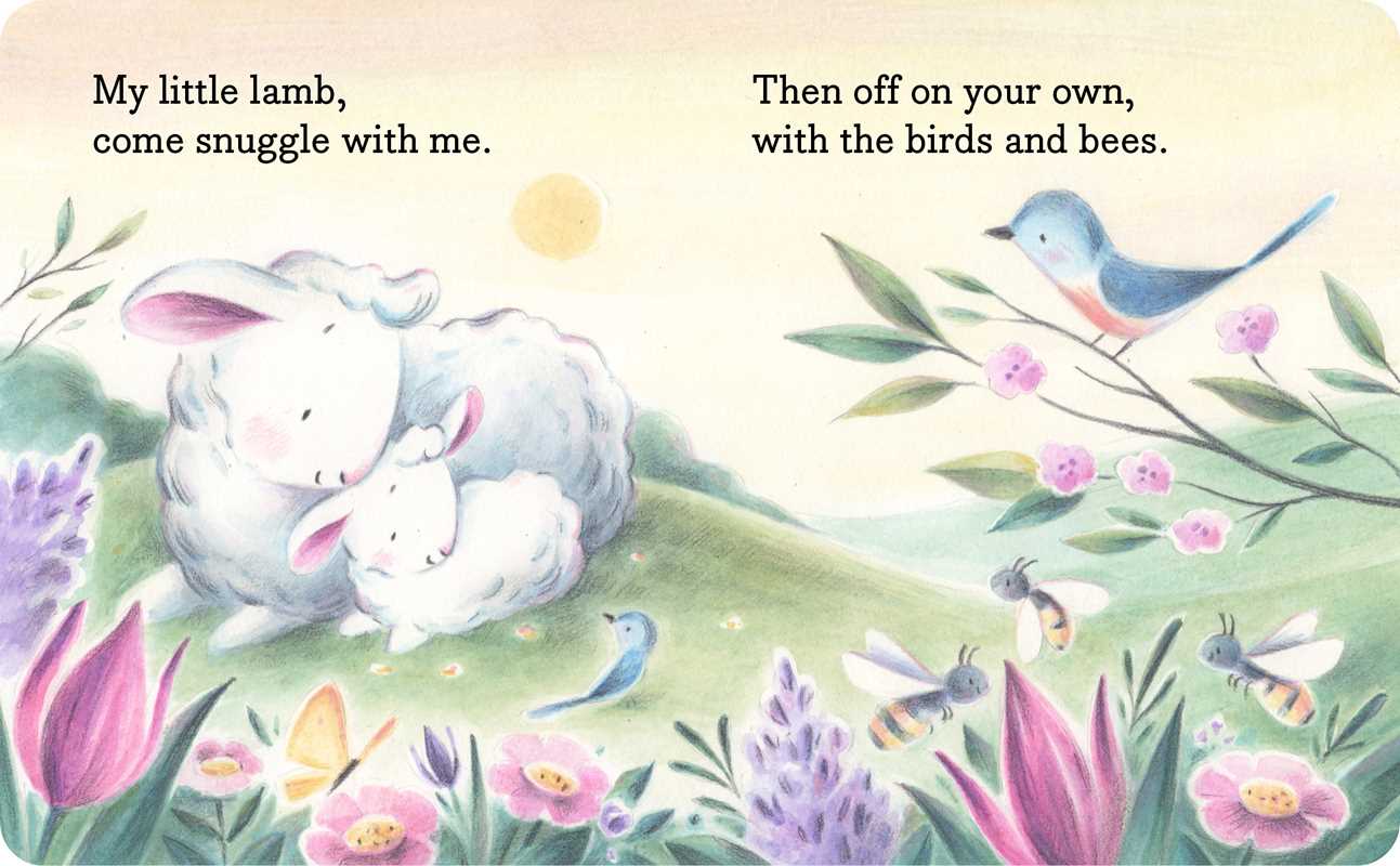 Illustration of a lamb and baby lamb in a garden with flowers and birds.
