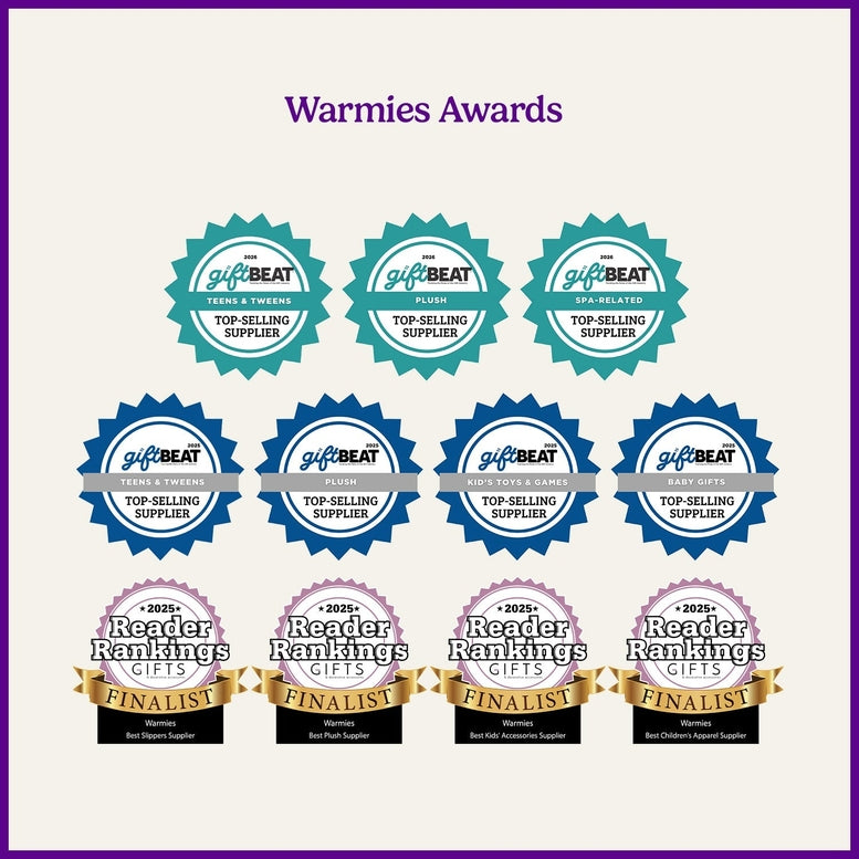 A graphic titled "Warmies Awards" displaying multiple "GiftBeat Top-Selling Supplier" badges and "2025 Reader Rankings Gifts Finalist" awards.