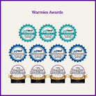 A promotional graphic for the Warmies Awards featuring multiple award badge designs. The top text reads 'Warmies Awards' in purple.