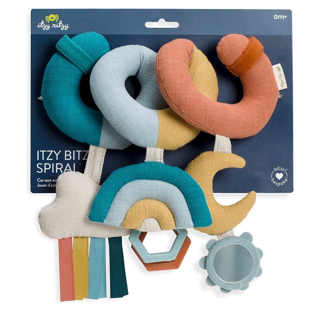 Colorful baby toy spiral with various textures on a branded packaging