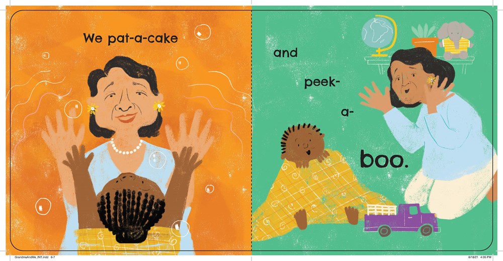 Illustrated book page with two children playing, one patting a cake and the other peeking, on an orange and green background.