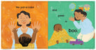Illustrated book page with two children playing, one patting a cake and the other peeking, on an orange and green background.