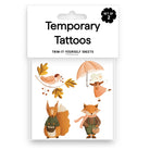 Pack of two temporary tattoos featuring autumn animal designs including a bird, mouse under an umbrella, squirrel, and fox, in a white hanging card package.