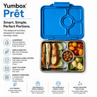 Yumbox lunchbox with compartments filled with food on a white background