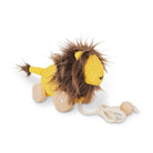 A plush lion toy with a yellow textured body, brown faux-fur mane, wooden wheels, and a cream rope pull, photographed on a clean white background.