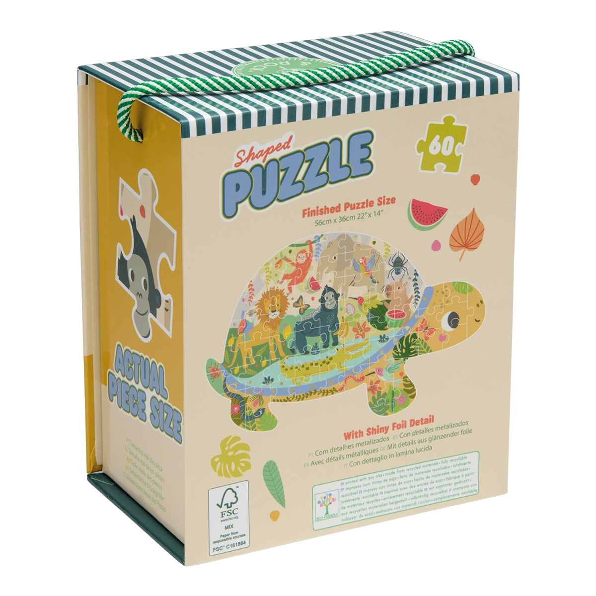 Shaped puzzle box with turtle design and animal illustrations on a white background