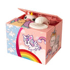 Colorful unicorn-themed jack-in-the-box on a white background