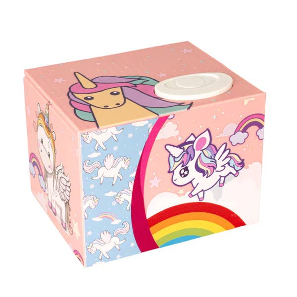 Unicorn-themed tissue box cover with colorful design on a white background