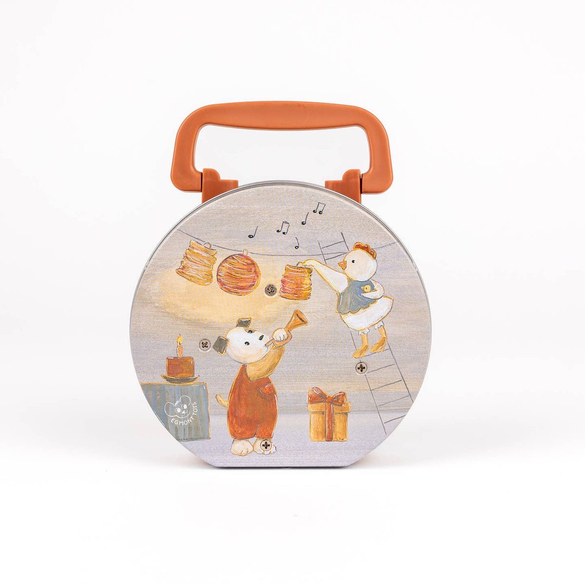 Round tin box with cartoon design featuring a bear and a dog on a white background