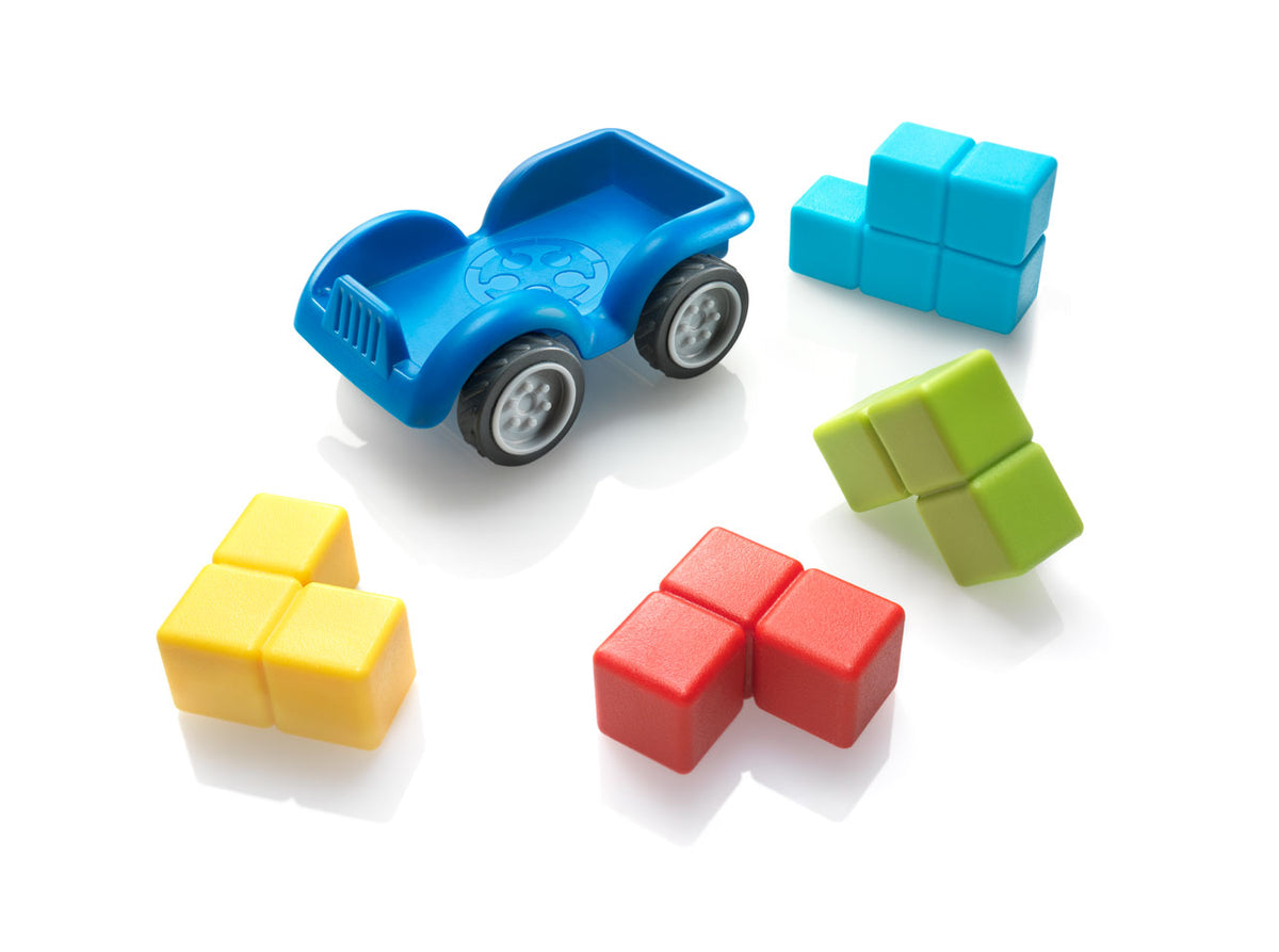 Colorful toy blocks including a blue car-shaped block on a white background