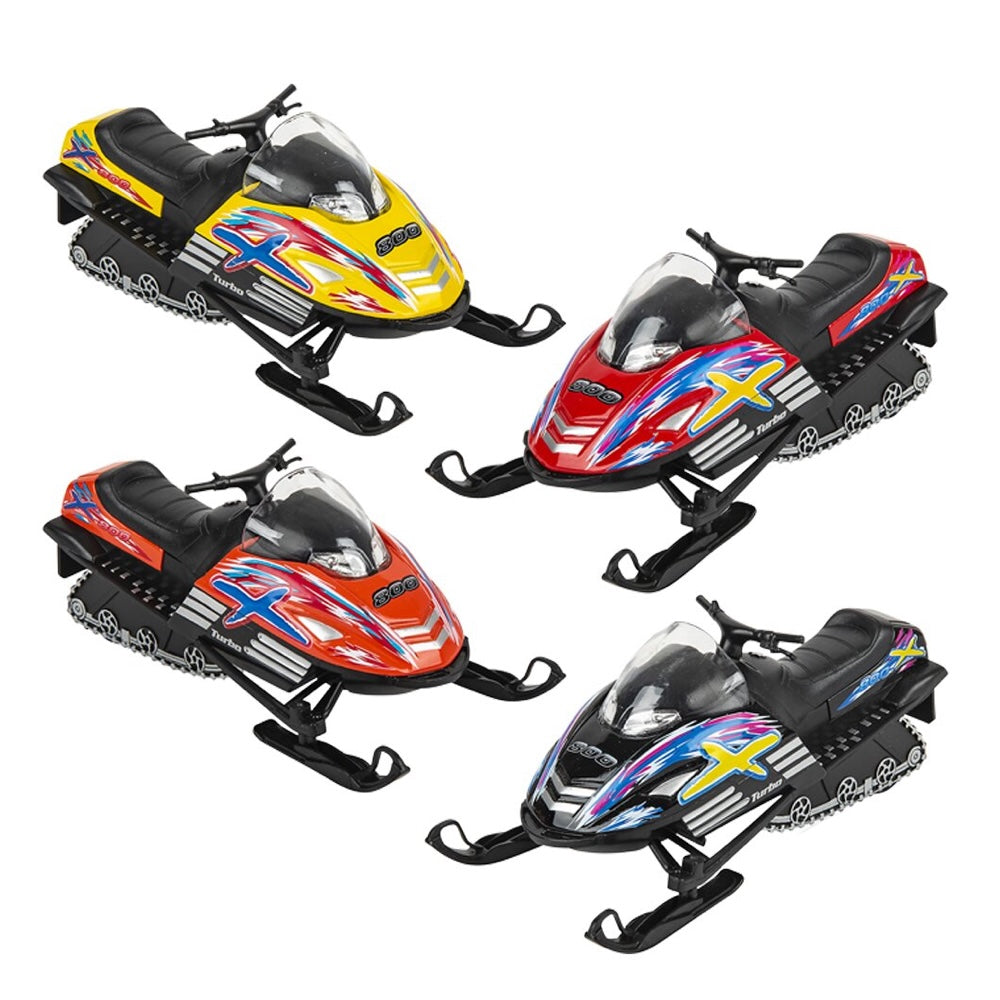 Four colorful toy snowmobiles on a white background