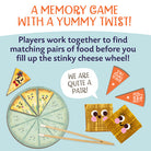Illustrated memory game card or poster for a food-themed memory game, with orange title text at the top, descriptive blue text in the middle, and cartoon food pieces including a cheese wheel, crackers, and triangular food cards on a pale blue background.