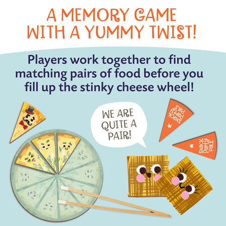 Illustrated memory game card or poster for a food-themed memory game, with orange title text at the top, descriptive blue text in the middle, and cartoon food pieces including a cheese wheel, crackers, and triangular food cards on a pale blue background.