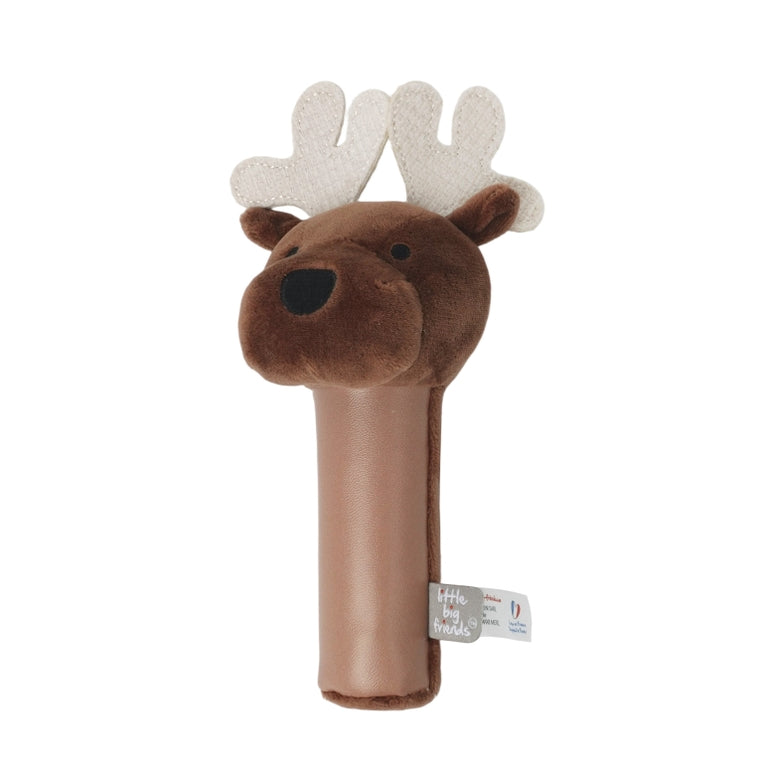 Plush reindeer toy with a tag on a white background