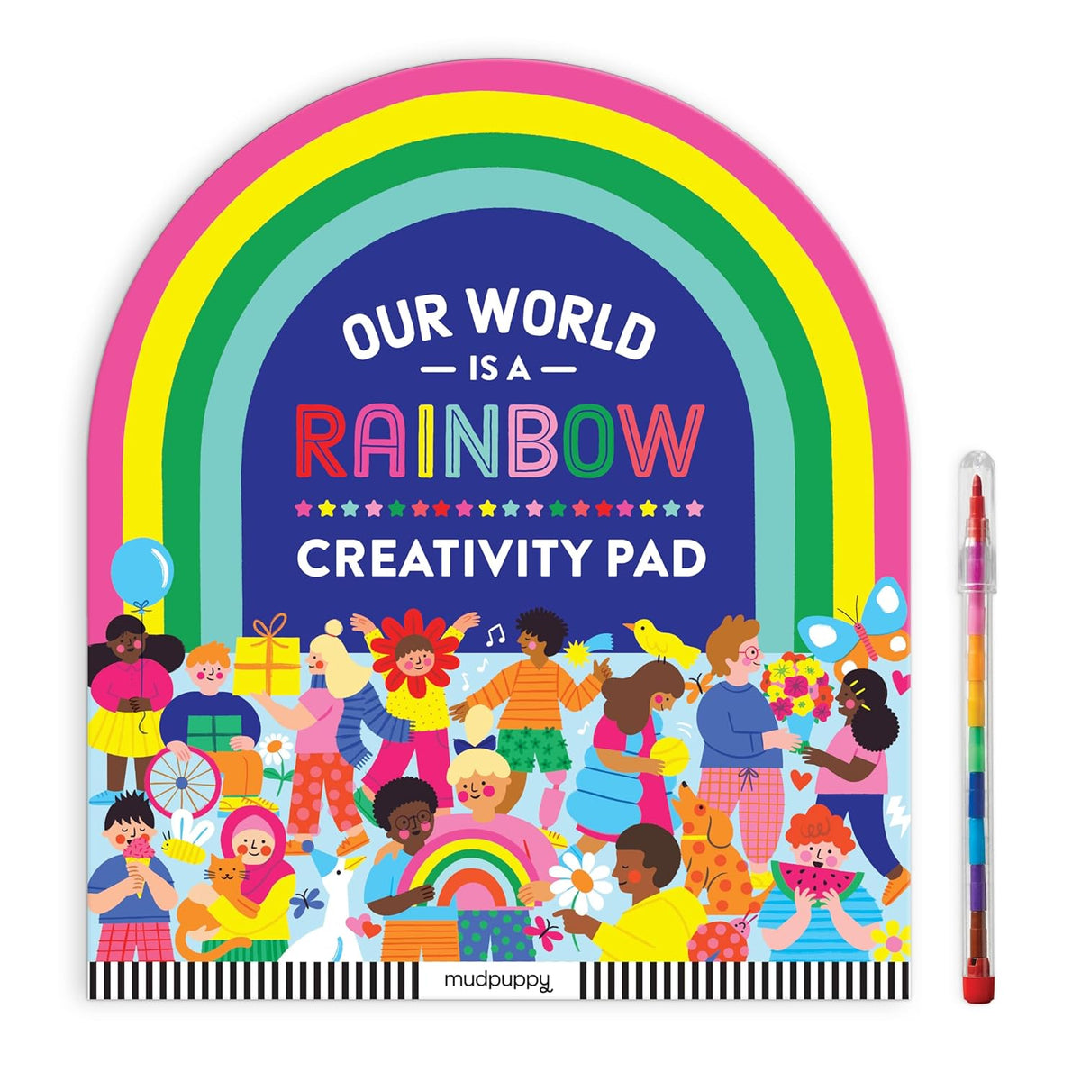 Creativity pad with colorful cover and pen on a white background