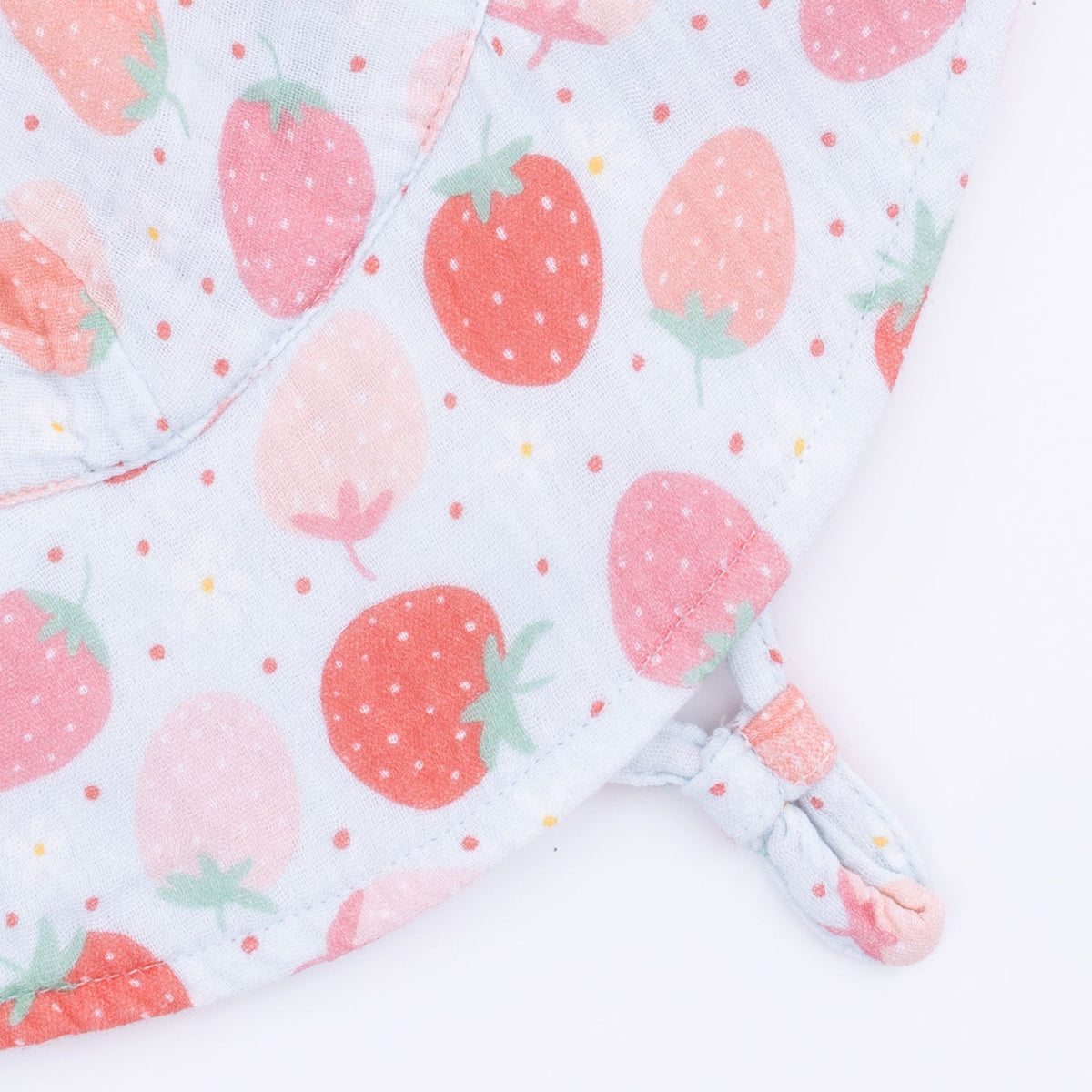 Close-up sun hat with strawberry pattern on a white background