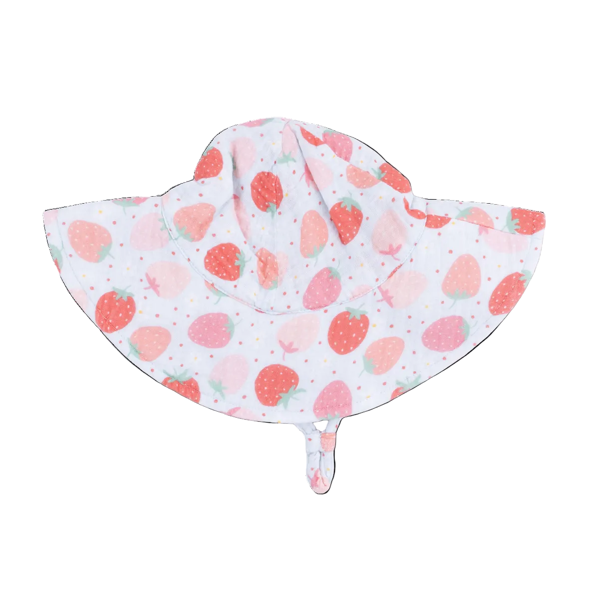 Baby sun hat with strawberry pattern on a white background