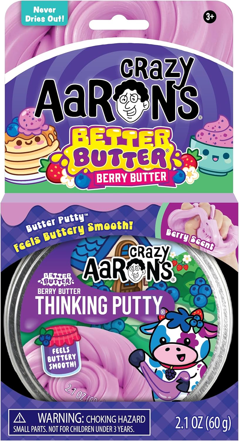 Crazy Aaron's Thinking Putty packaging with purple background and colorful text