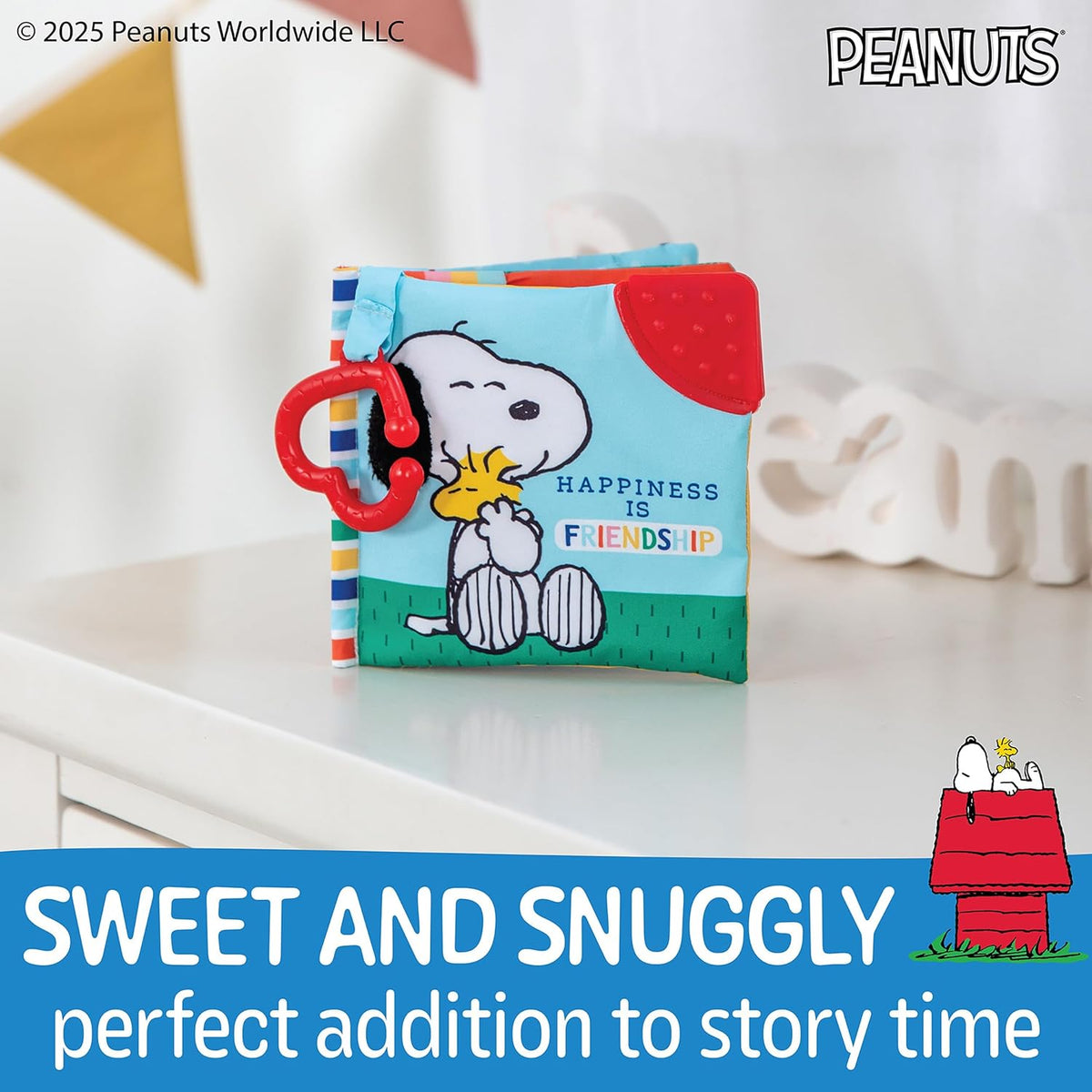 Children's book with cartoon characters on a white surface, featuring Snoopy and Woodstock.