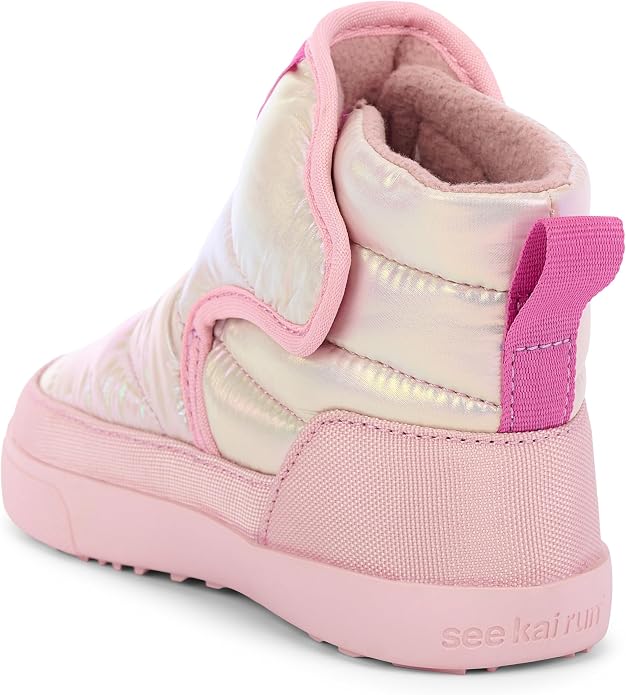 A pink and iridescent silver high-top winter boot by Seekai Run, shown from a three-quarter rear angle on a white background.