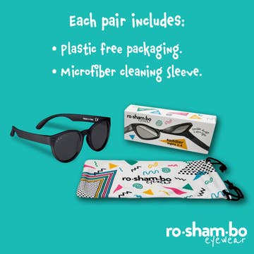 Sunglasses with packaging and cleaning sleeve on a teal background, featuring ro-sham-bo eyewear branding.