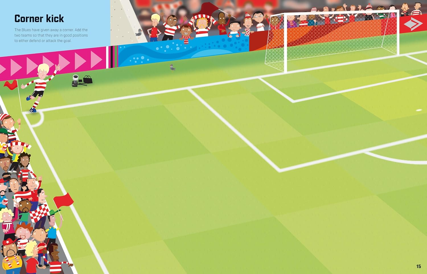 A colorful illustrated soccer field scene with a corner kick setup, crowd spectators along the sidelines, a goal net, and a small player near the corner line. Text in the upper left reads 'Corner kick'.