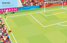 A colorful illustrated soccer field scene with a corner kick setup, crowd spectators along the sidelines, a goal net, and a small player near the corner line. Text in the upper left reads 'Corner kick'.