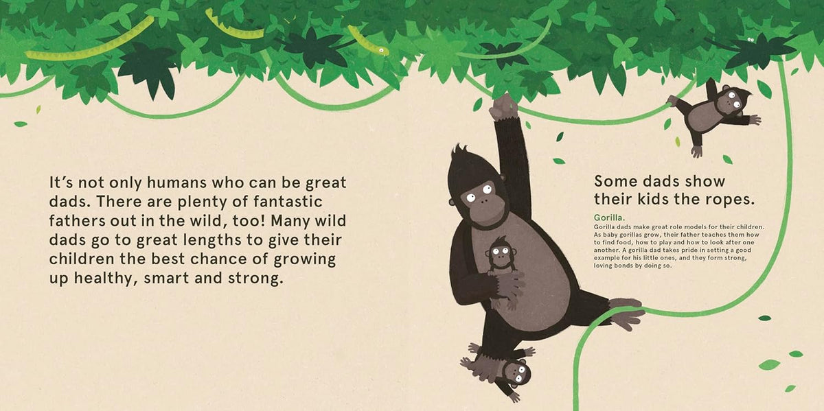 Illustration of a gorilla holding a baby gorilla with text about wild fathers and healthy upbringing.