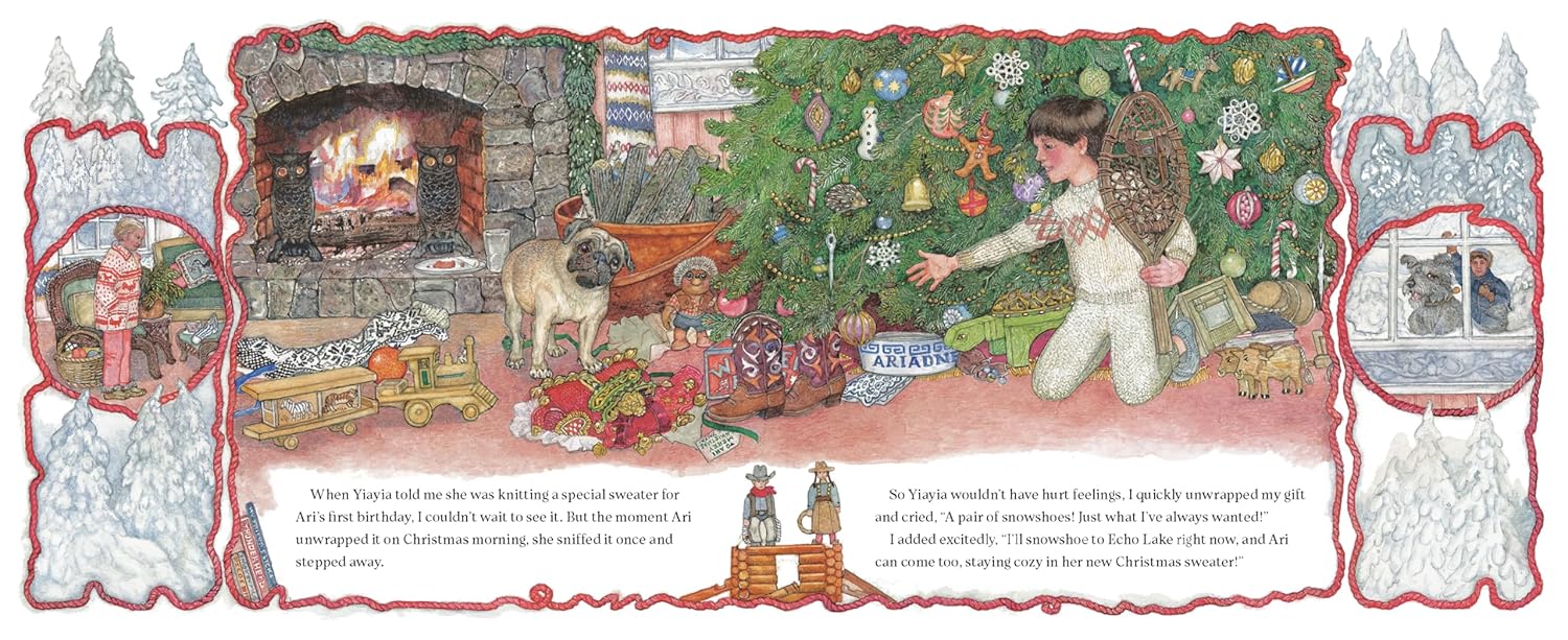 Illustrated book page with a child decorating a Christmas tree, fireplace, and dog.