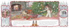 Illustrated book page with a child decorating a Christmas tree, fireplace, and dog.