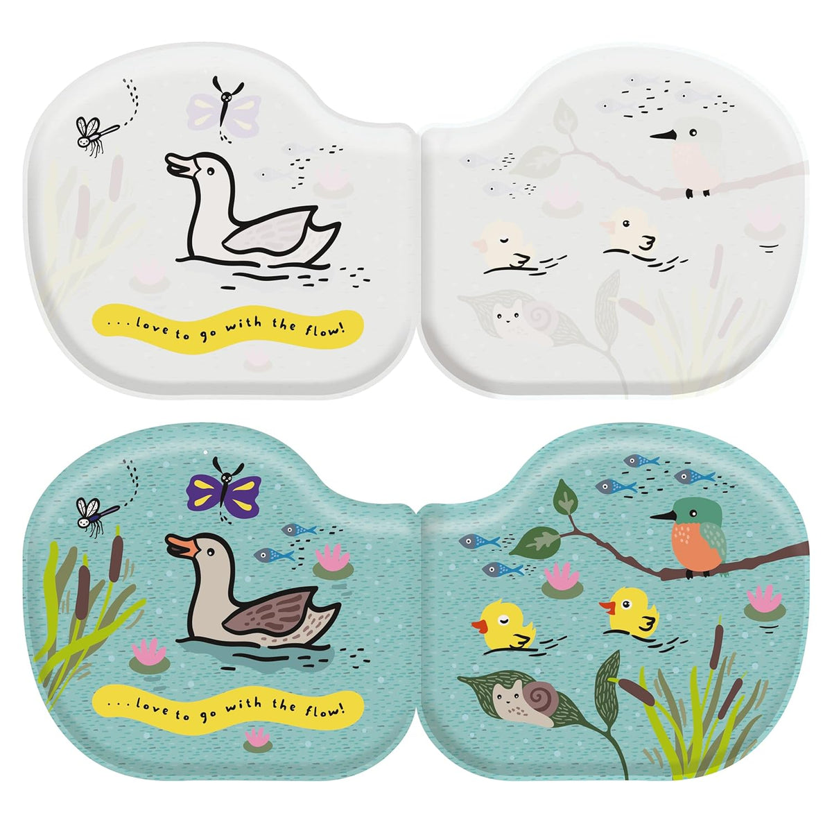 Two heart-shaped containers with illustrations of ducks and nature elements on a white background.