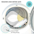 Product inside a washing machine with text indicating washer and dryer safe and loop for hang drying.