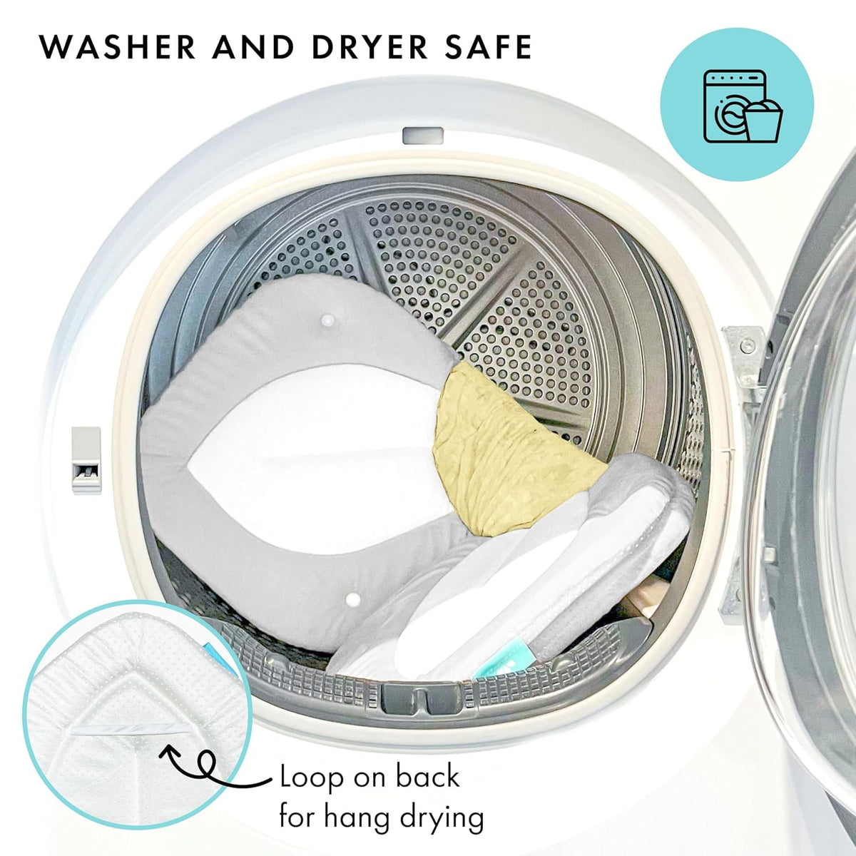 Product inside a washing machine with text indicating washer and dryer safe and loop for hang drying.