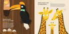 Illustration of a toucan and giraffes with text on a wooden and beige background