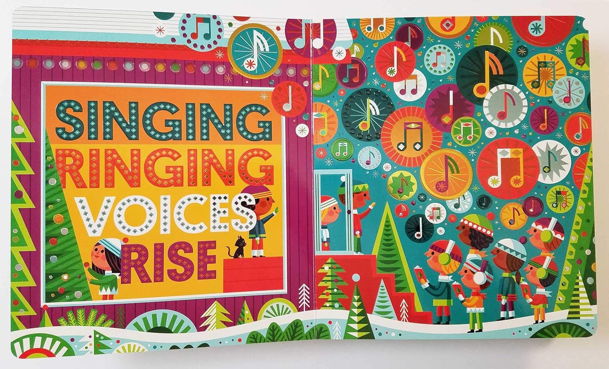 Colorful children's book cover with musical notes and Christmas-themed illustrations.