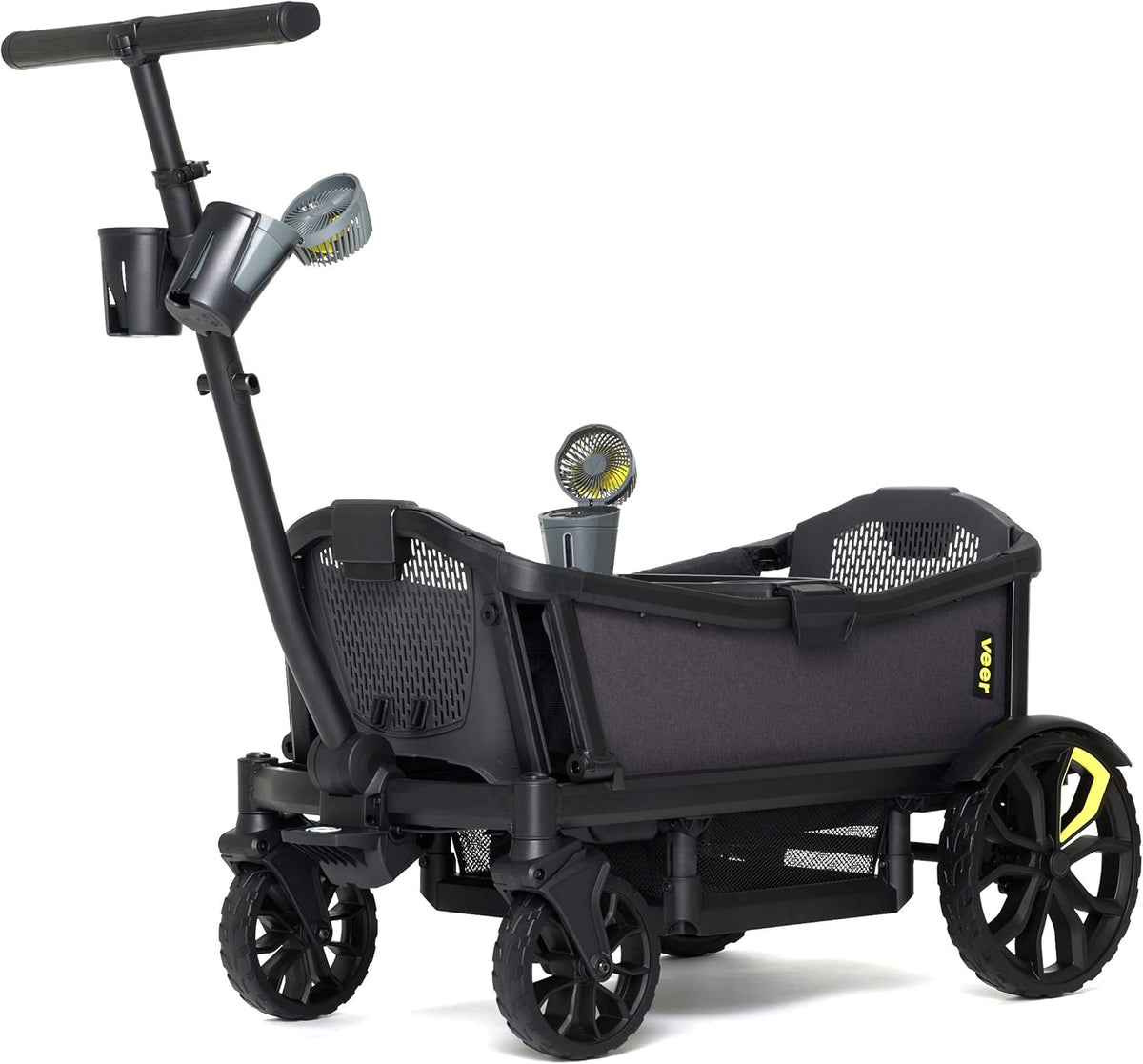 Black scooter with a attached child seat on a white background