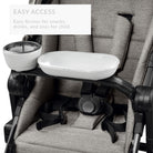 Stroller tray attached to a stroller with a bowl and cup holder, labeled 'Easy Access'.