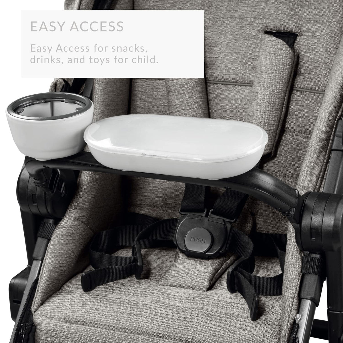 Stroller tray attached to a stroller with a bowl and cup holder, labeled 'Easy Access'.