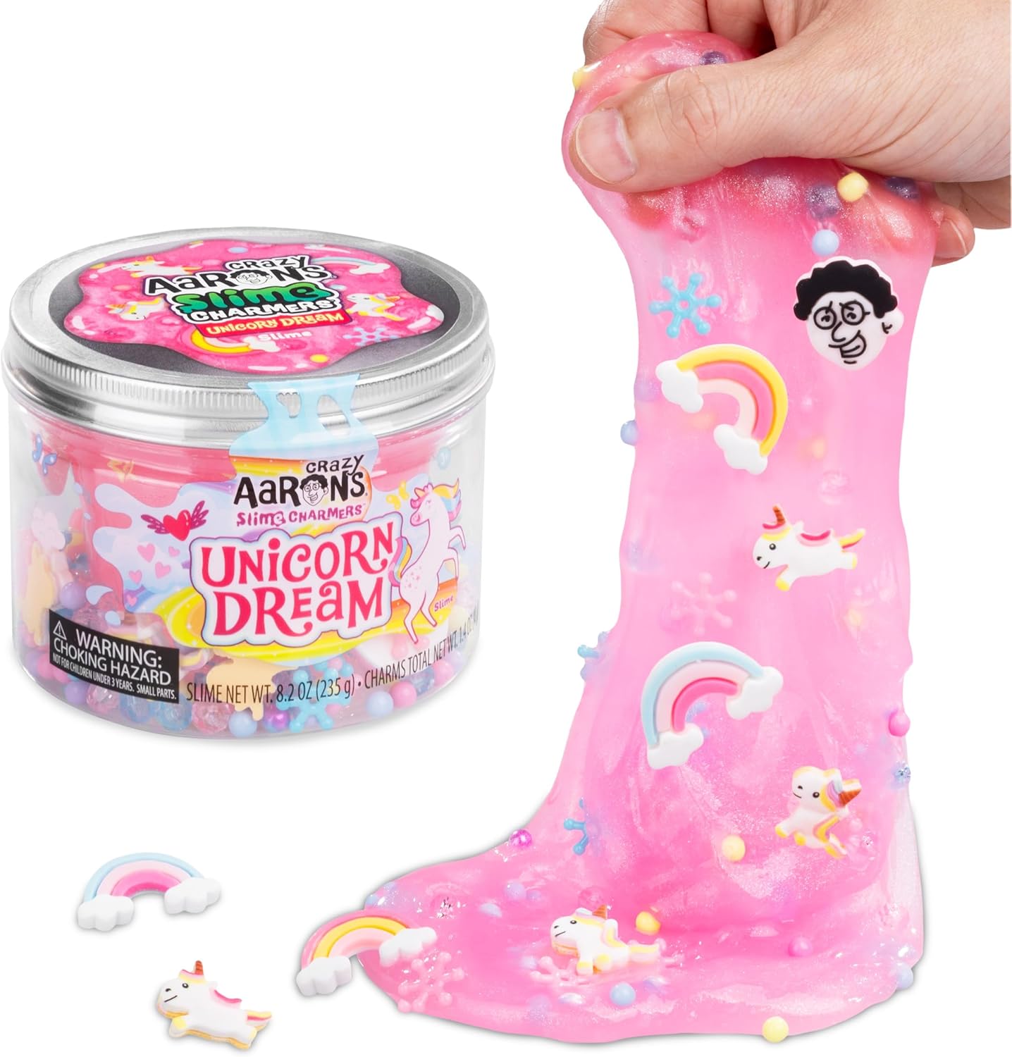 Pink unicorn-themed slime with a container labeled 'Aaron's Crazy Slime Charmz' on a white background.