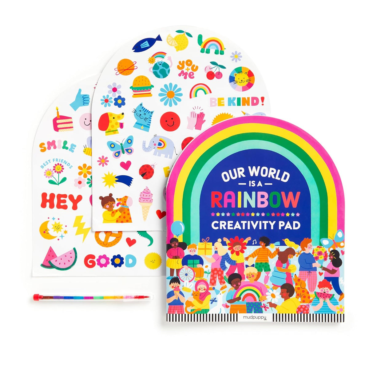 Colorful creativity pad with rainbow design and illustrations on a white background