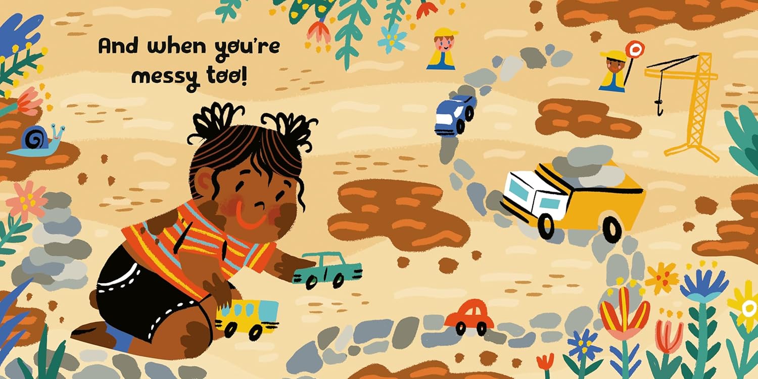 Illustration of a child playing with toy cars on a muddy path, surrounded by nature.