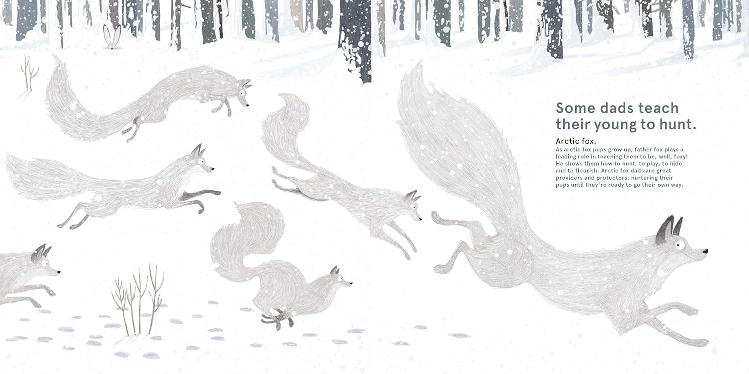 Illustration of foxes in a snowy forest with text about teaching young foxes to hunt.